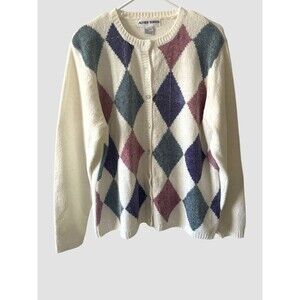 Alfred Dunner Chenille Cardigan Sweater Size Large Granny White Argyle Vtg